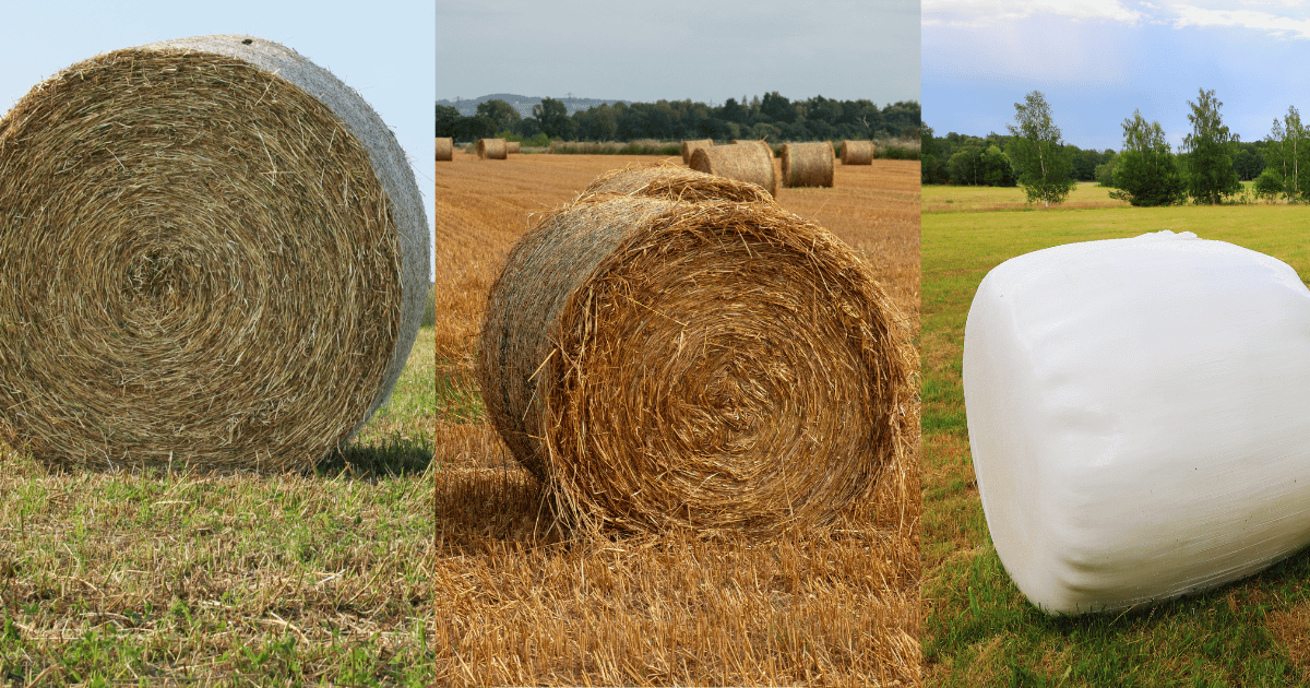 Hay bale, straw bale and silage bale on a UK farm